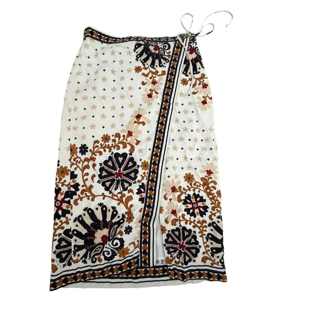 Farm Rio Wrap Midi Skirt Size L Off White Linen Flower Fan Tapestry Tie-Waist